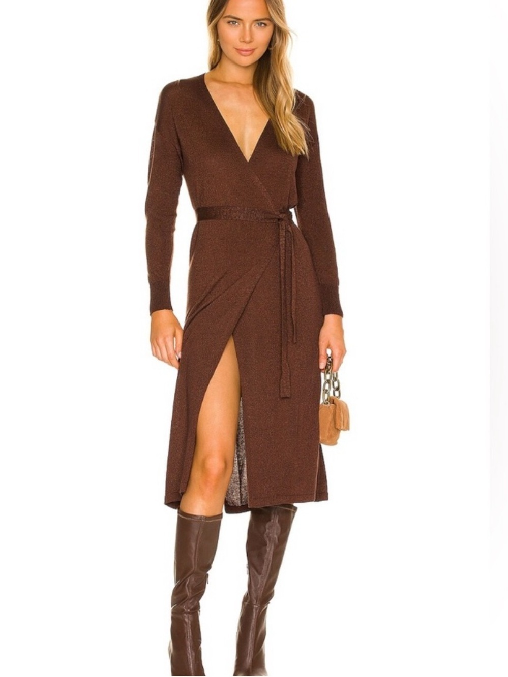 Lover and Friends Azita Wrap Dress Chocolate Brown Midi Shimmer